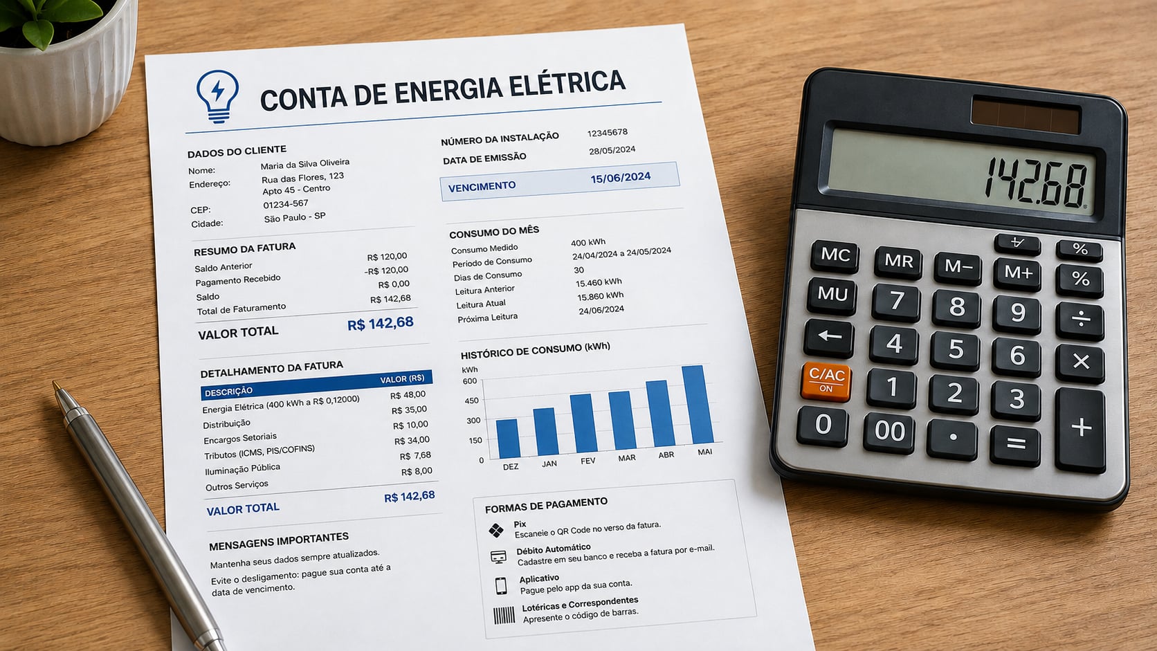 Conta de luz sobre a mesa ao lado de uma calculadora, sob luz de janela