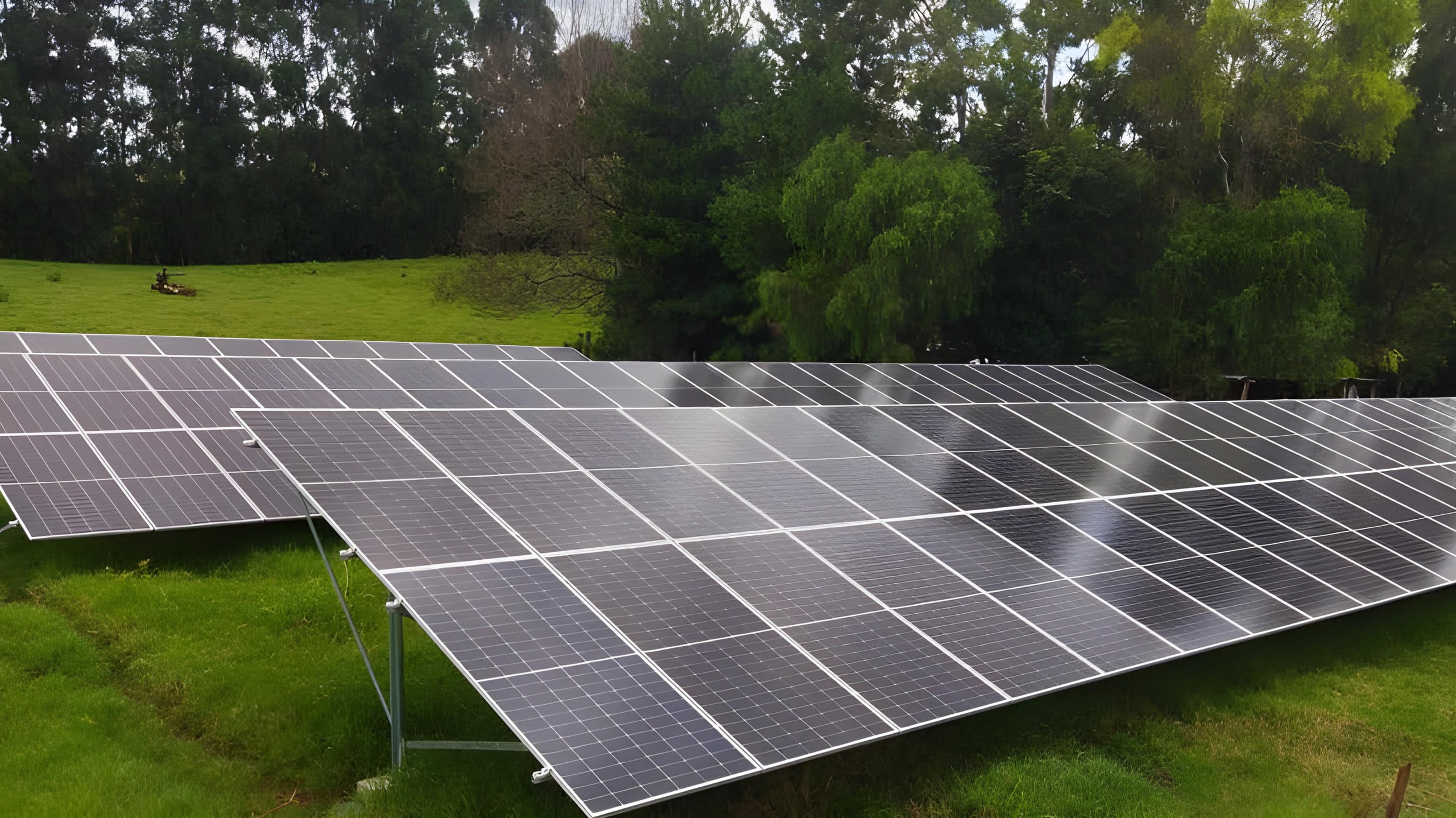 Fileiras de painéis de uma usina fotovoltaica da blu. em campo aberto